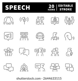 Conjunto de iconos de línea delgada relacionados con el habla y el habla. Iconos relacionados con la comunicación.