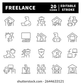 Thin line icons set related to freelance and working from home. Freelance thin line icons set. Remote working, freelancer, coworking related icons