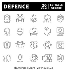Thin line icons set related to defence and protection. Defence thin line icons set. Safe, shield, lock, security, alarm, guard, safety, protection symbols set