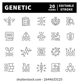 Thin line icons set related to genetics and biotechnology. Biotech, DNA, genomes
