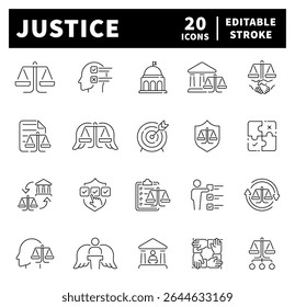 Thin line icons set related to justice and law.  Law, judgement, justice, court legal, lawyer, criminal, Justice Scales