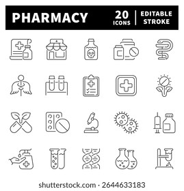 Conjunto de ícones de linha fina relacionado a farmácia e medicação. Medicamento, medicação, prescrição, tratamento, comprimidos, farmacêutico, saúde e símbolos de seringa