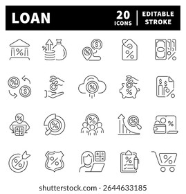 Thin line icons set related to loan. Income, salary, money, business, cash, finance, banking, savings, mortgage, loans