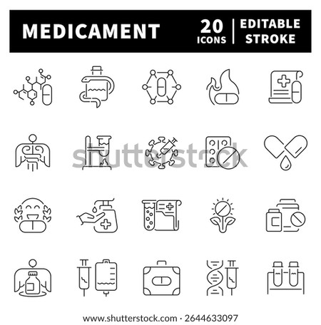 Thin line icons set related to medicament and medication drug. Medication web icons in line style. 