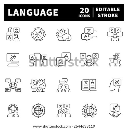 Thin line icons set related to language and foreign languages. Communication, translate, speaking, text, language skills, foreign languages
