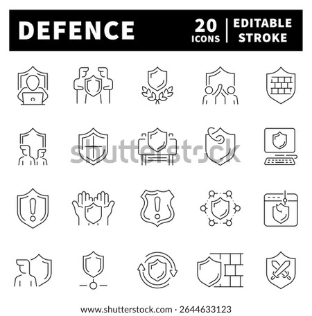 Thin line icons set related to defence and protection. Defence thin line icons set. Safe, shield, lock, security, alarm, guard, safety, protection symbols set