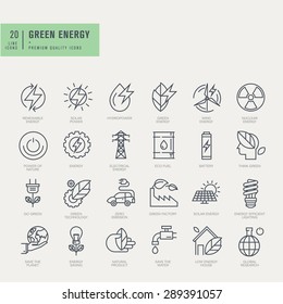 Thin line icons set. Icons for renewable energy, green technology.