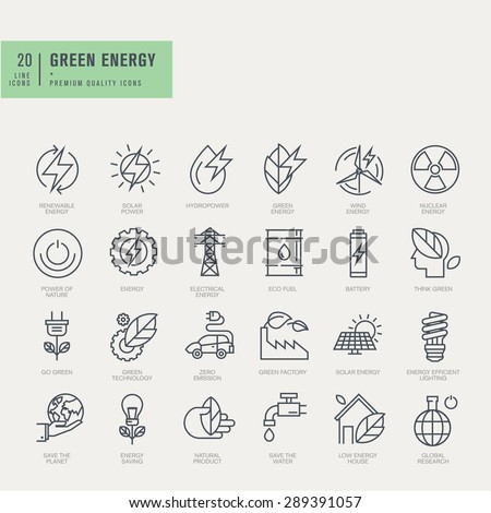 Thin line icons set. Icons for renewable energy, green technology.