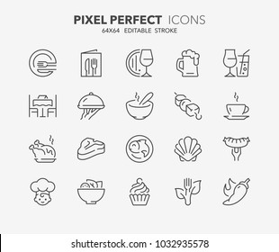 Thin line icons set of restaurant and menu options. Outline symbol collection. Editable vector stroke. 64x64 Pixel Perfect.