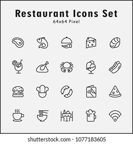 Thin line icons set of restaurant and menu. Editable vector stroke 64x64 Pixel.