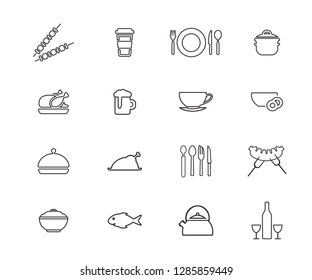 Thin line icons set of restaurant and menu options. Dishes, food, drinks, meat, fish. Vector