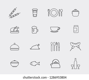 Thin line icons set of restaurant and menu options. Dishes, food, drinks, meat, fish. Vector