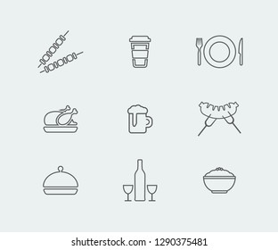 	
Thin line icons set of restaurant and menu options. Outline symbol collection. Dishes, food, drinks, meat, fish. Vector