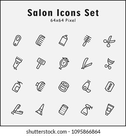 Thin line icons set of salon tools, beuty, barber shop. Editable vector stroke 64x64 pixel.