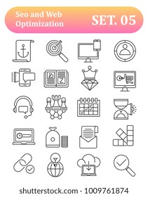 Thin Line Icons Set of Search Engine Optimization icons, Simple Mono Line Pictogram Pack, Vector Logo Concept, Web Graphic. Vector icons.
