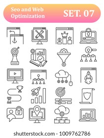Thin Line Icons Set of Search Engine Optimization icons, Simple Mono Line Pictogram Pack, Vector Logo Concept, Web Graphic. Vector icons.
