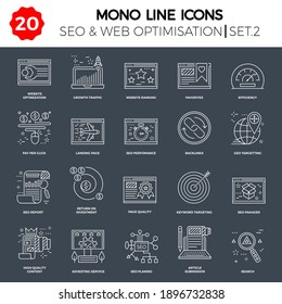 Thin Line Icons Set of Search Engine Optimization, Website and APP Design and Development. Simple Mono Line Pictogram Pack. Stroke Vector Logo Concept, Web Graphic. Vector icons.