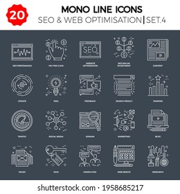 Thin Line Icons Set of Search Engine Optimization, Website and APP Design and Development. Simple Mono Line Pictogram Pack. Stroke Vector Logo Concept, Web Graphic. Vector icons.