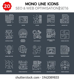 Juego de iconos de línea delgada de optimización de motores de búsqueda, diseño y desarrollo de sitios web y APP. Paquete simple de pictogramas en una sola línea. Concepto de logotipo vector de trazo, gráfico web. Iconos vectores.