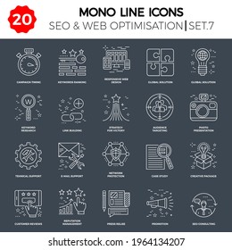 Juego de iconos de línea delgada de optimización de motores de búsqueda, diseño y desarrollo de sitios web y APP. Paquete simple de pictogramas en una sola línea. Concepto de logotipo vector de trazo, gráfico web. Iconos vectores.