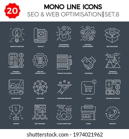 Thin Line Icons Set of Search Engine Optimization, Website and APP Design and Development. Simple Mono Line Pictogram Pack. Stroke Vector Logo Concept, Web Graphic. Vector icons.