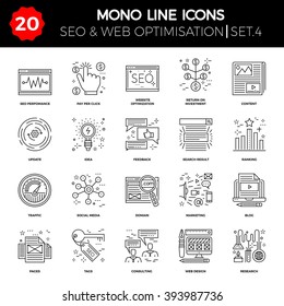 Thin Line Icons Set of Search Engine Optimization, Website and APP Design and Development. Simple Mono Line Pictogram Pack. Stroke Vector Logo Concept, Web Graphic. Vector icons.