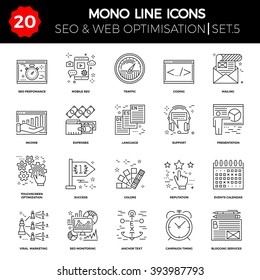 Thin Line Icons Set of Search Engine Optimization, Website and APP Design and Development. Simple Mono Line Pictogram Pack. Stroke Vector Logo Concept, Web Graphic. Vector icons.
