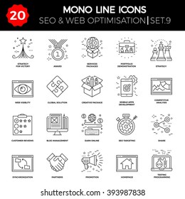 Thin Line Icons Set of Search Engine Optimization, Website and APP Design and Development. Simple Mono Line Pictogram Pack. Stroke Vector Logo Concept, Web Graphic. Vector icons.