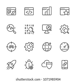 Thin line icons set of SEO, Development, search, maintenance, computer performance. Editable vector stroke 100x100 Pixel. 