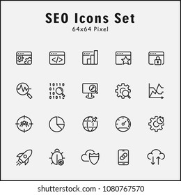 Thin line icons set of SEO, maintenance. Editable vector stroke 64x64 Pixel.