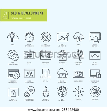 Thin line icons set. Icons for seo, website and app design and development.    
