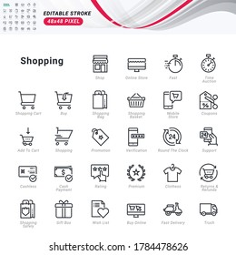 Iconos de línea delgada conjunto de compras. Iconos perfectos de píxeles, trazo editable.