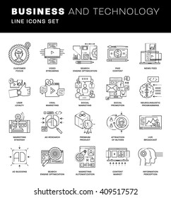 Thin Line Icons Set. Simple Linear Pictogram Collection for Web Design. Stroke Logo Concept Pack. Advertising, Social Marketing, Content Management, SEO and Promotion Concept. Vector Illustration