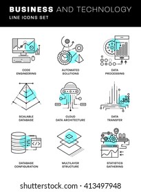 Thin Line Icons Set. Simple Linear Pictogram Collection for Web Design. Stroke Logo Concept Pack. Big Data Structure, Database Architecture, Data Science Technology Concept. Vector Illustration