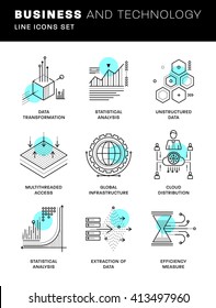 Thin Line Icons Set. Simple Linear Pictogram Collection for Web Design. Stroke Logo Concept Pack. Big Data Structure, Database Architecture, Data Science Technology Concept. Vector Illustration