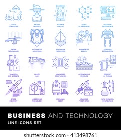 Thin Line Icons Set. Simple Linear Pictogram Collection for Web Design. Stroke Logo Concept Pack. Future Technology, Artificial Intelligent, Augmented Reality and Exoskeleton. Vector Illustration.