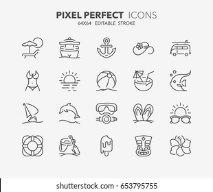 Thin line icons set of summer and beach. Outline symbol collection. Editable vector stroke. 64x64 Pixel Perfect.