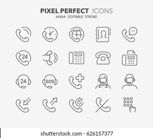 Thin line icons set of support and phone calls. Outline symbol collection. Editable vector stroke. 64x64 Pixel Perfect.