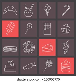 thin line icons set, sweets collection