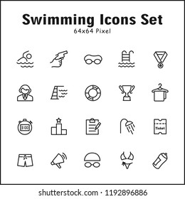 Thin line icons set of Swimming, Sports. Editable vector stroke 64x64 Pixel.