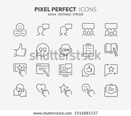 Thin line icons set of testimonials and customer relationship management. Outline symbol collection. Editable vector stroke. 64x64 Pixel Perfect.