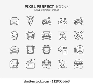 Thin line icons set of transport and vehicles. Outline symbol collection. Editable vector stroke. 64x64 Pixel Perfect.