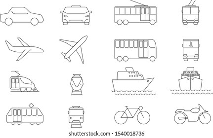 Thin line icons set with transport, car, bus, airplane, trolley, train, bike and motorcicle