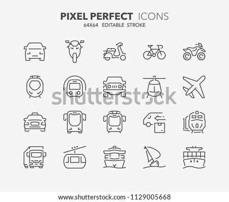 Thin line icons set of transport and vehicles. Outline symbol collection. Editable vector stroke. 64x64 Pixel Perfect.