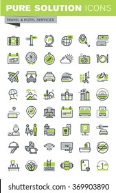 Thin line icons set of travel destination, hotel services, summer and winter vacation, booking, accommodation. Premium quality outline icon collection.