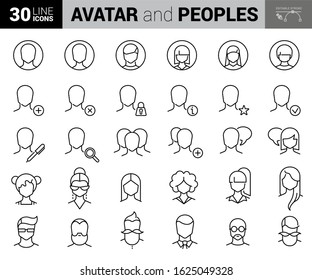 Thin line icons set of user interface and avatars. Outline symbol collection. Editable vector stroke