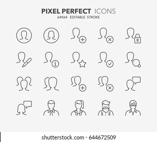 Thin line icons set of user interface and avatars. Outline symbol collection. Editable vector stroke. 64x64 Pixel Perfect.