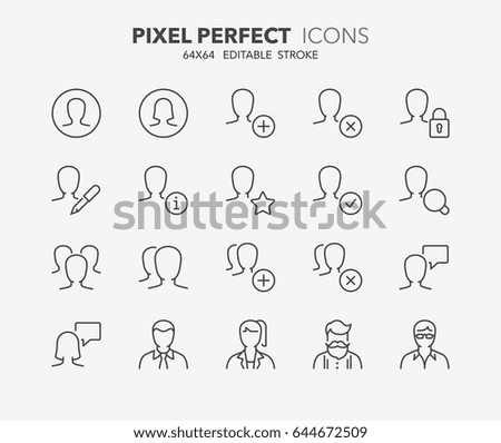 Thin line icons set of user interface and avatars. Outline symbol collection. Editable vector stroke. 64x64 Pixel Perfect.