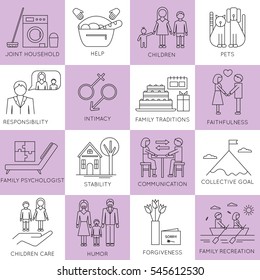 Thin line icons set, vector illustration. Family values, parents and children, fundamentals of harmony in couple relationships. Strong metaphors, isolated symbols. Simple mono linear design.