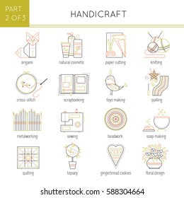 Thin line icons set, vector illustration. Types of handmade, isolated symbols. Colored pictograms. Simple mono linear design. Part 2 of 3.